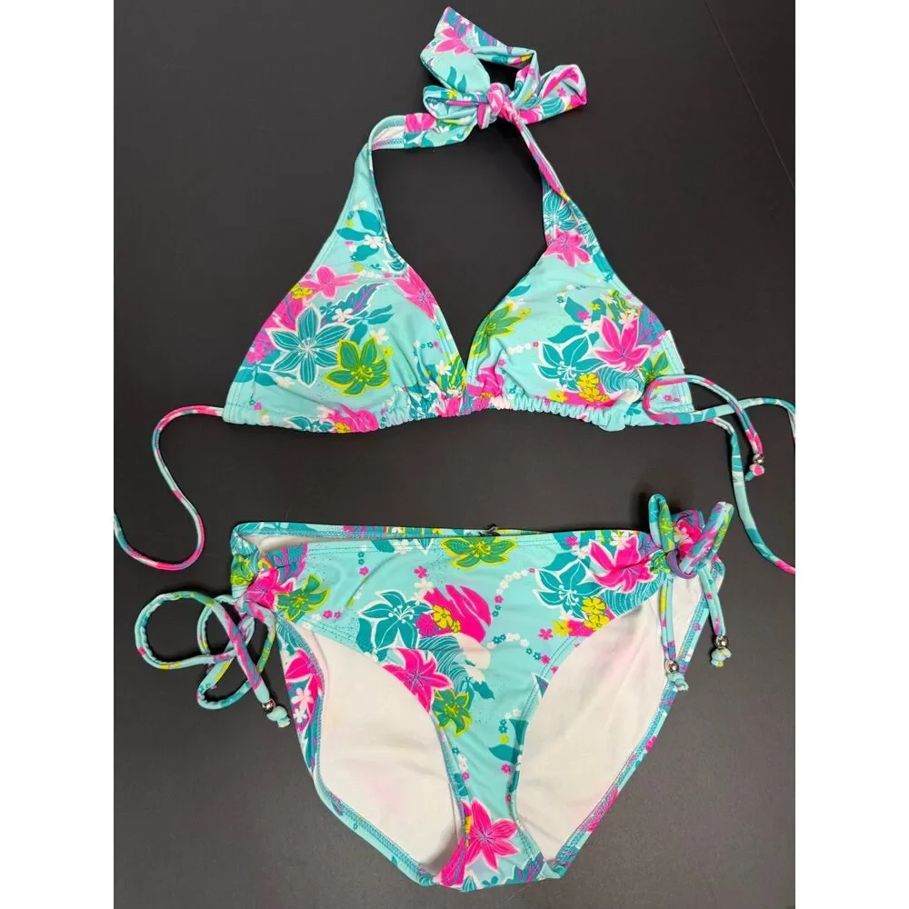 Ingear Women's Size M Aqua Floral Halter Two-Piece Bikini Set Tie Side Swimwear